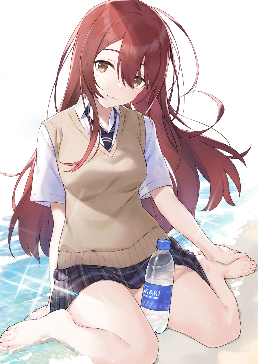1girl :3 arm_behind_back arm_support bangs bare_legs barefoot blush bottle breasts brown_eyes brown_hair collared_shirt commentary_request eyebrows_visible_through_hair hair_between_eyes hayashi_kewi highres idolmaster idolmaster_shiny_colors long_hair looking_at_viewer miniskirt necktie oosaki_tenka open_mouth plaid plaid_skirt pleated_skirt shirt sitting skirt smile soaking_feet solo striped striped_neckwear sweater_vest wariza water water_bottle white_shirt wing_collar