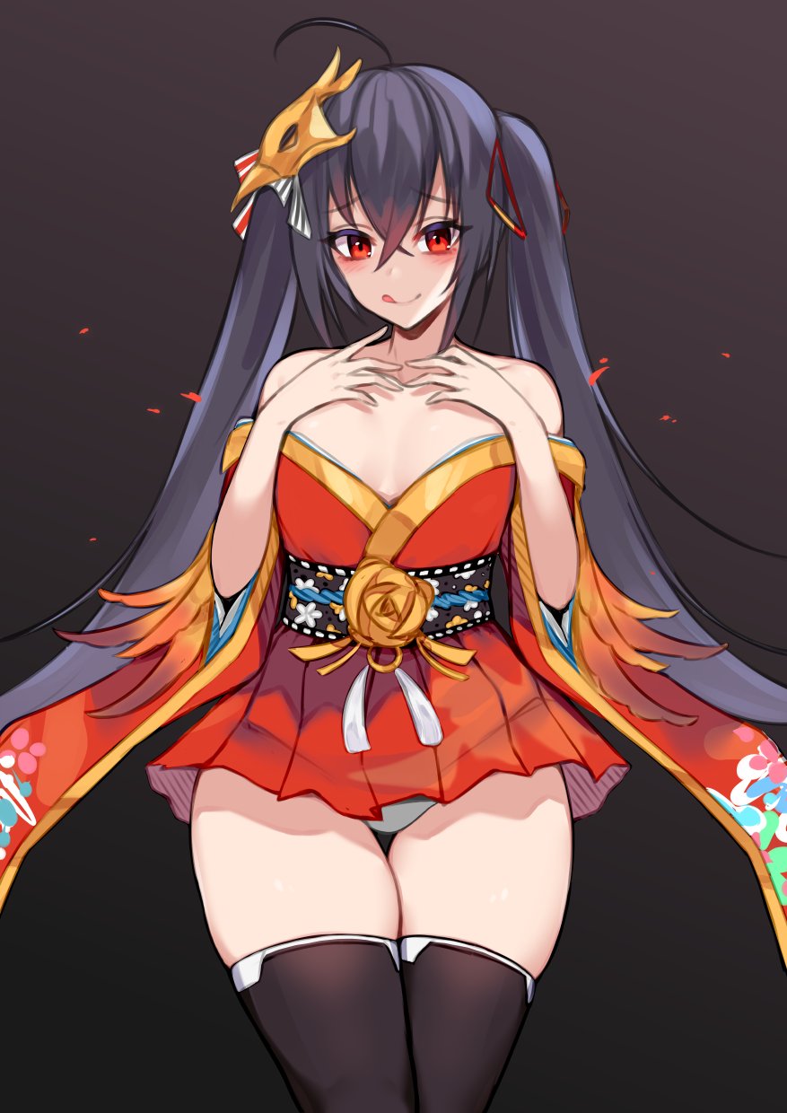 1girl ahoge alternate_breast_size azur_lane black_hair blush breasts collarbone commentary dark_background hair_ribbon hand_on_own_chest highres kuavera licking_lips long_hair looking_at_viewer mask panties red_eyes red_ribbon ribbon small_breasts solo taihou_(azur_lane) thick_thighs thigh-highs thighs tongue tongue_out twintails underwear very_long_hair white_panties