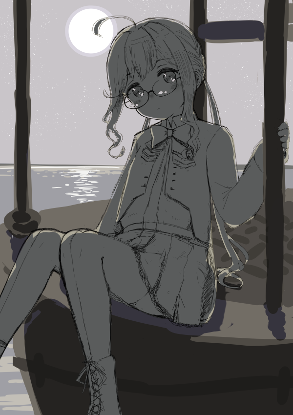 1girl ahoge bangs blush boots bow bowtie closed_mouth cross-laced_footwear dress glasses greyscale jacket kantai_collection lace-up_boots long_hair long_sleeves makigumo_(kantai_collection) monochrome moon night ocean outdoors remodel_(kantai_collection) sidelocks sitting sky solo someno_haru star_(sky) thigh-highs twintails water