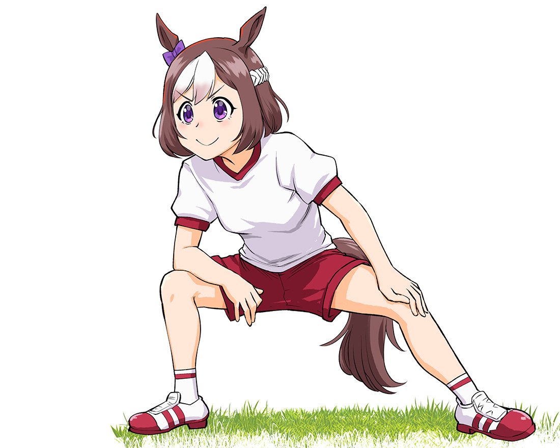 1girl animal_ears breasts brown_hair closed_mouth full_body horse_ears horse_girl horse_tail kamen_rider kamen_rider_drive kamen_rider_drive_(series) multicolored_hair pose short_hair shorts simple_background smile solo special_week tail two-tone_hair ueyama_michirou umamusume violet_eyes white_background white_hair