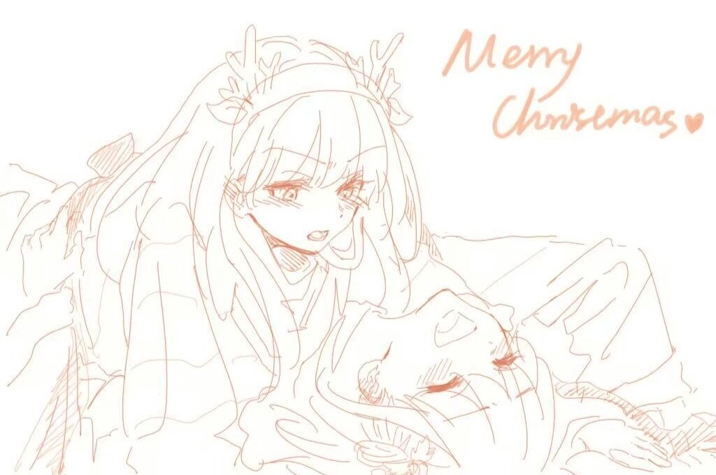 2girls ^_^ blush chinese_commentary closed_eyes commentary doodle943545 fake_antlers inoue_takina long_hair long_sleeves looking_at_another lower_teeth_only lycoris_recoil merry_christmas multiple_girls nishikigi_chisato open_mouth short_hair sketch teeth yuri