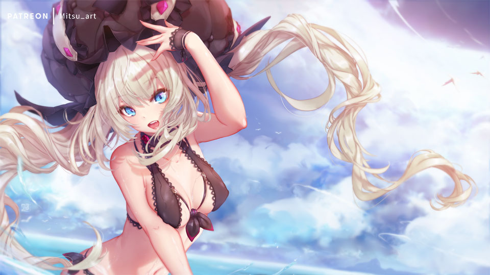 1girl :d bangs bare_shoulders bikini black_bikini blonde_hair blue_eyes blush breasts choker eyebrows_visible_through_hair fate/grand_order fate_(series) front-tie_bikini front-tie_top hand_up hat long_hair looking_at_viewer marie_antoinette_(fate/grand_order) medium_breasts mitsu_(mitsu_art) open_mouth smile solo swimsuit twintails very_long_hair wristband