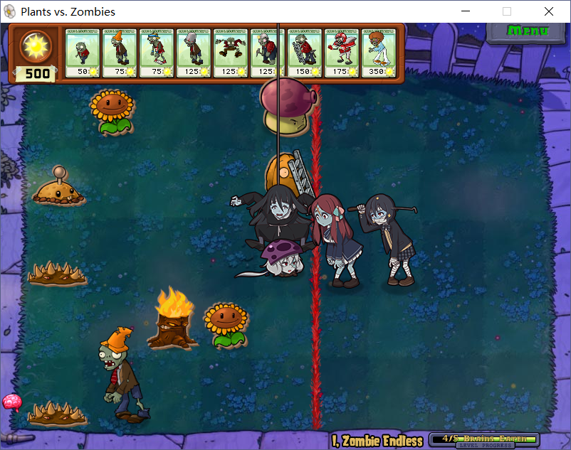 afro bandages brain bucket bucket_on_head buckethead_zombie buernia bungee_zombie cone conehead_zombie cosplay dancing_zombie digger_zombie fake_screenshot fence fire flower football_zombie fume-shroom garden imp_(pvz) konno_junko ladder ladder_zombie long_hair minamoto_sakura mining_helmet mizuno_ai mushroom night object_on_head parody pickaxe plants_vs_zombies potato potato_mine_(pvz) scaredy-shroom scaredy-shroom_(cosplay) smile socks spikeweed sun_(symbol) sunflower sunflower_(plants_vs_zombies) torchwood_(pvz) traffic_cone_on_head tree_stump wall-nut_(plants_vs_zombies) white_legwear yamada_tae zombie zombie_land_saga