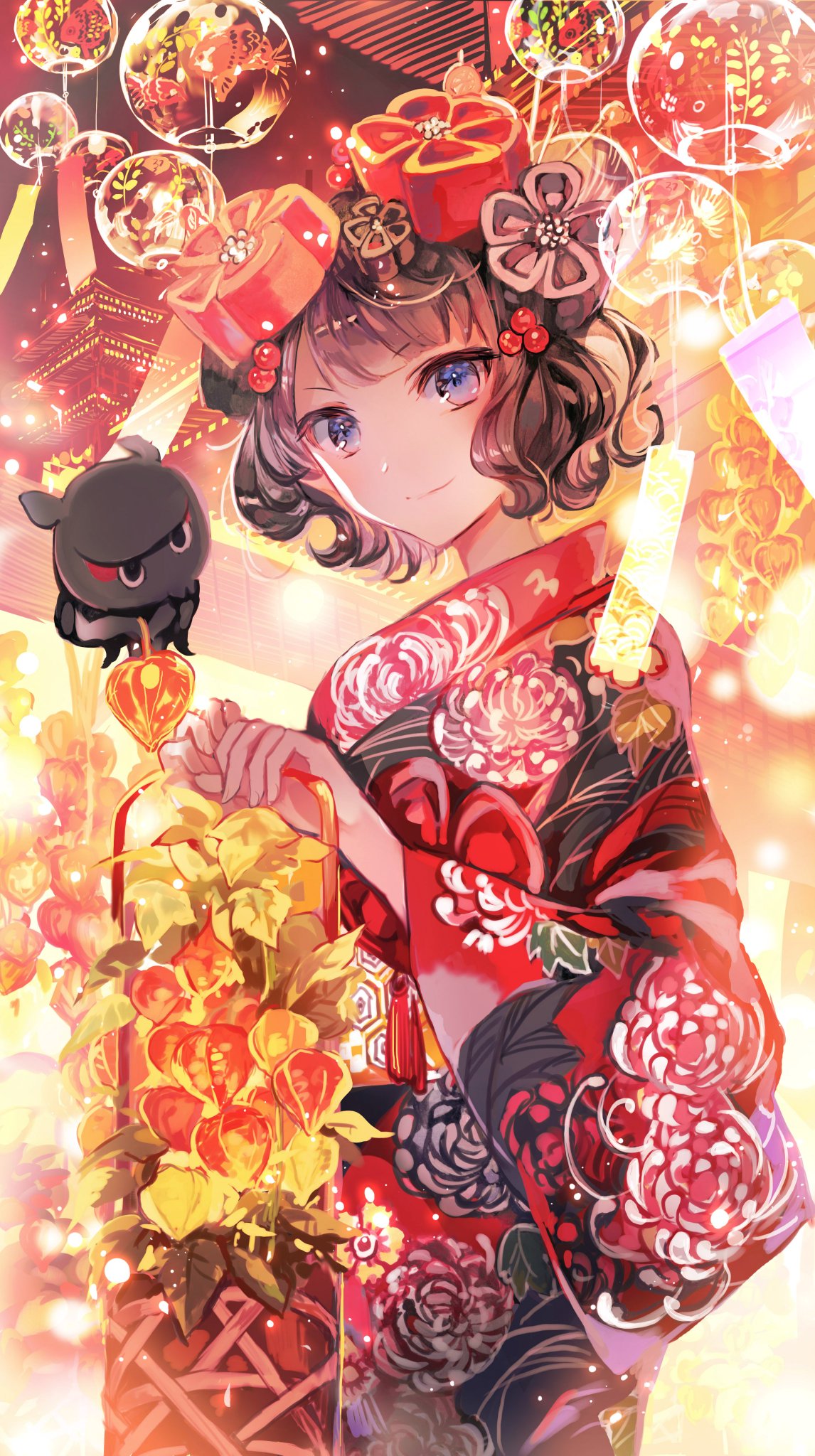 1girl architecture bangs basket chinese_lantern_(plant) closed_mouth commentary_request cowboy_shot east_asian_architecture eyebrows_behind_hair fate/grand_order fate_(series) festival floating floating_object floral_print from_side glass hair_ornament hands_up head_tilt highres holding holding_basket japanese_clothes katsushika_hokusai_(fate/grand_order) kimono light_particles looking_at_viewer looking_to_the_side night octopus plant potted_plant print_kimono purple_hair rioka_(southern_blue_sky) short_hair smile tanzaku tokitarou_(fate/grand_order) v-shaped_eyebrows violet_eyes wavy_hair wide_sleeves wind_chime yukata