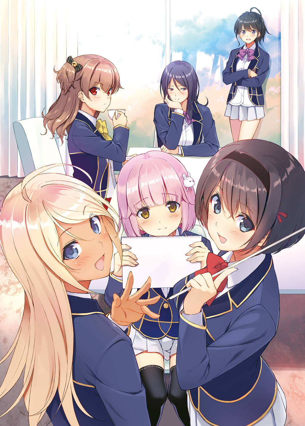 6+girls :d ahoge akane_konoha bangs black_hair black_hairband black_legwear blazer blonde_hair blue_eyes blue_jacket blunt_bangs blush bow bowtie breasts brown_hair bunny_hair_ornament character_request closed_mouth cover_image crossed_arms cup curtains eyebrows_visible_through_hair fumio_(ura_fmo) gyaru hair_between_eyes hair_ornament hairband hand_on_own_cheek highres holding holding_cup holding_sketchbook indoors jacket kogal long_hair long_sleeves looking_at_viewer looking_away looking_back looking_to_the_side medium_breasts miniskirt multiple_girls novel_illustration official_art on_chair open_blazer open_clothes open_jacket open_mouth pink_hair pleated_skirt purple_hair purple_neckwear red_eyes red_neckwear rokunin_no_ojousama_sensou_wo_ore_dake_ga_kouryaku_dekiru sazanami_kiryou school_uniform shiny shiny_hair short_hair sidelocks sitting sketchbook skirt smile standing table tan teacup textless thigh-highs two_side_up white_skirt window yellow_eyes yellow_neckwear