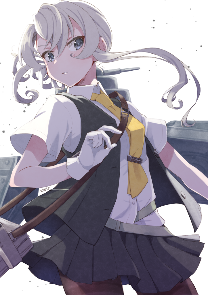 1girl asymmetrical_hair black_skirt black_vest buttons gloves grey_eyes hair_between_eyes kantai_collection machinery necktie nowaki_(kantai_collection) pleated_skirt rigging shirt short_hair short_sleeves silver_hair simple_background skirt solo totto_(naka) turret vest white_background white_gloves white_shirt yellow_neckwear