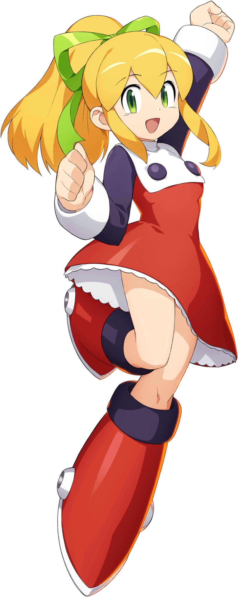1girl android arm_up blonde_hair capcom clenched_hands dress full_body green_eyes green_ribbon hair_between_eyes hair_ribbon high_ponytail highres leg_up long_hair mizuno_keisuke official_art open_mouth ponytail red_dress ribbon rockman rockman_(classic) rockman_x_dive roll_(rockman) smile solo transparent_background
