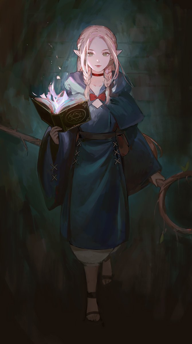 1girl bangs blonde_hair blush book bow braid choker cloak closed_mouth collarbone commentary crown_braid dungeon_meshi elf green_eyes highres holding holding_book jewelry long_hair long_sleeves looking_at_viewer magic marcille open_book parted_bangs pointy_ears red_bow robe sandals smile solo staff stone_wall twin_braids wall wide_sleeves yueko_(jiayue_wu)