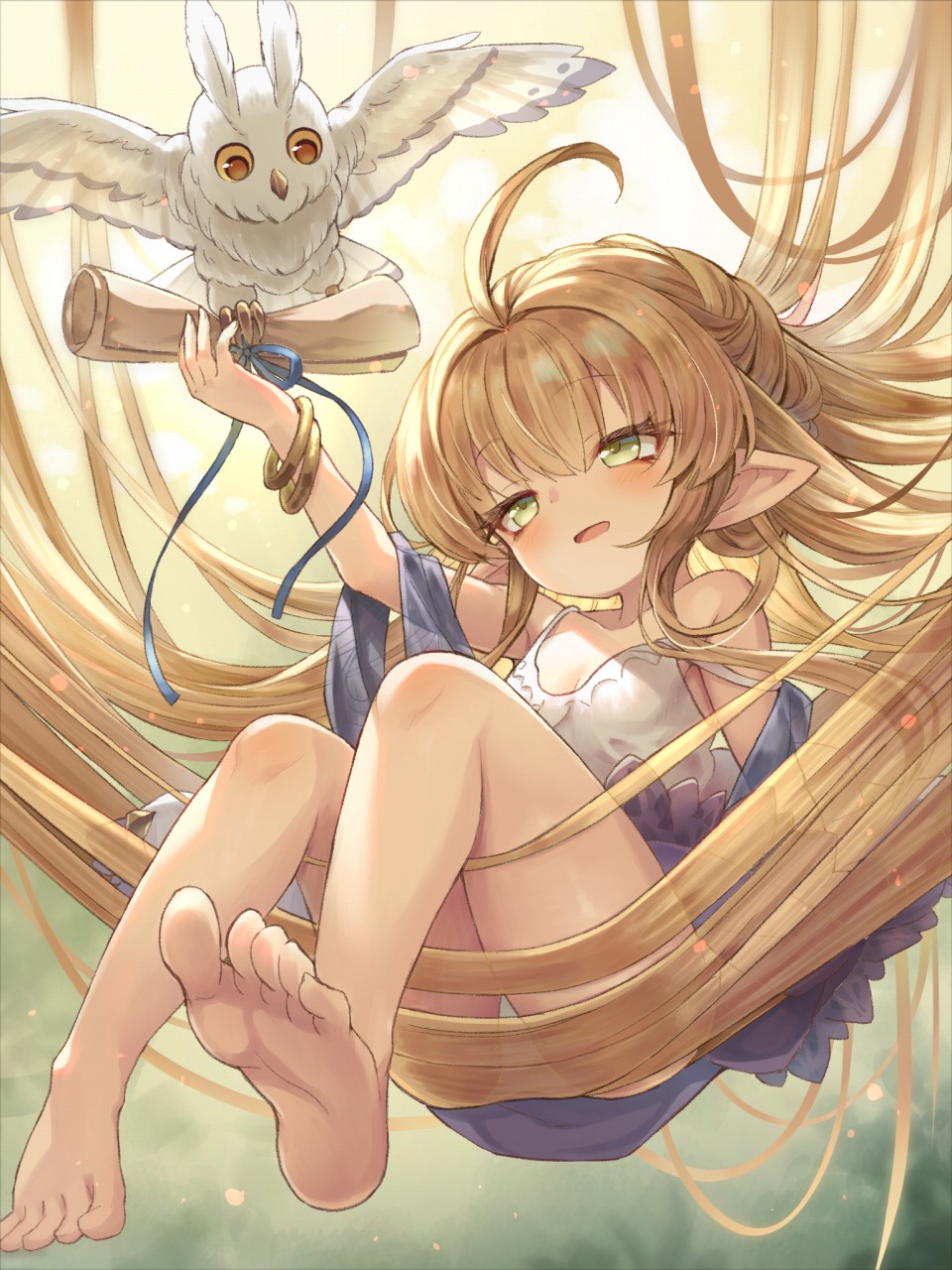 1girl absurdly_long_hair ahoge barefoot bird blonde_hair bracelet dress fuyu_no_kareha granblue_fantasy green_eyes harvin highres jewelry long_hair melissabelle owl panties pantyshot pointy_ears prehensile_hair scroll strap_slip underwear very_long_hair white_dress