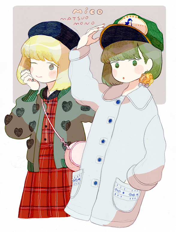 1girl :o ;&gt; adjusting_headwear arm_up bag bangs baseball_cap black_headwear blonde_hair blush_stickers bob_cut brown_hair buttons character_name clenched_hand closed_mouth coat cowboy_shot dress earrings film_grain from_side grey_jacket hand_in_pocket hand_on_own_cheek hand_up hat heart heart_print jacket jewelry lavender_background long_sleeves looking_at_viewer looking_to_the_side matsuo_mono mixed_media multiple_views nail_polish no_nose one_eye_closed open_clothes open_jacket parted_lips phenotas plaid plaid_dress pocket real_life red_dress rounded_corners short_hair shoulder_bag signature smile two-tone_background white_background yakumo_miko