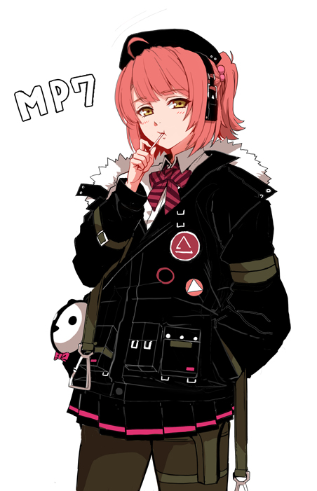 1girl ahoge beret blush candy character_name commentary_request english_text eyebrows_visible_through_hair food fur-trimmed_hood fur_trim girls_frontline hat headset holding holding_candy holding_food hood jacket lollipop looking_at_viewer mp7_(girls_frontline) pantyhose pleated_skirt redhead simple_background skirt solo standing taesi white_background yellow_eyes