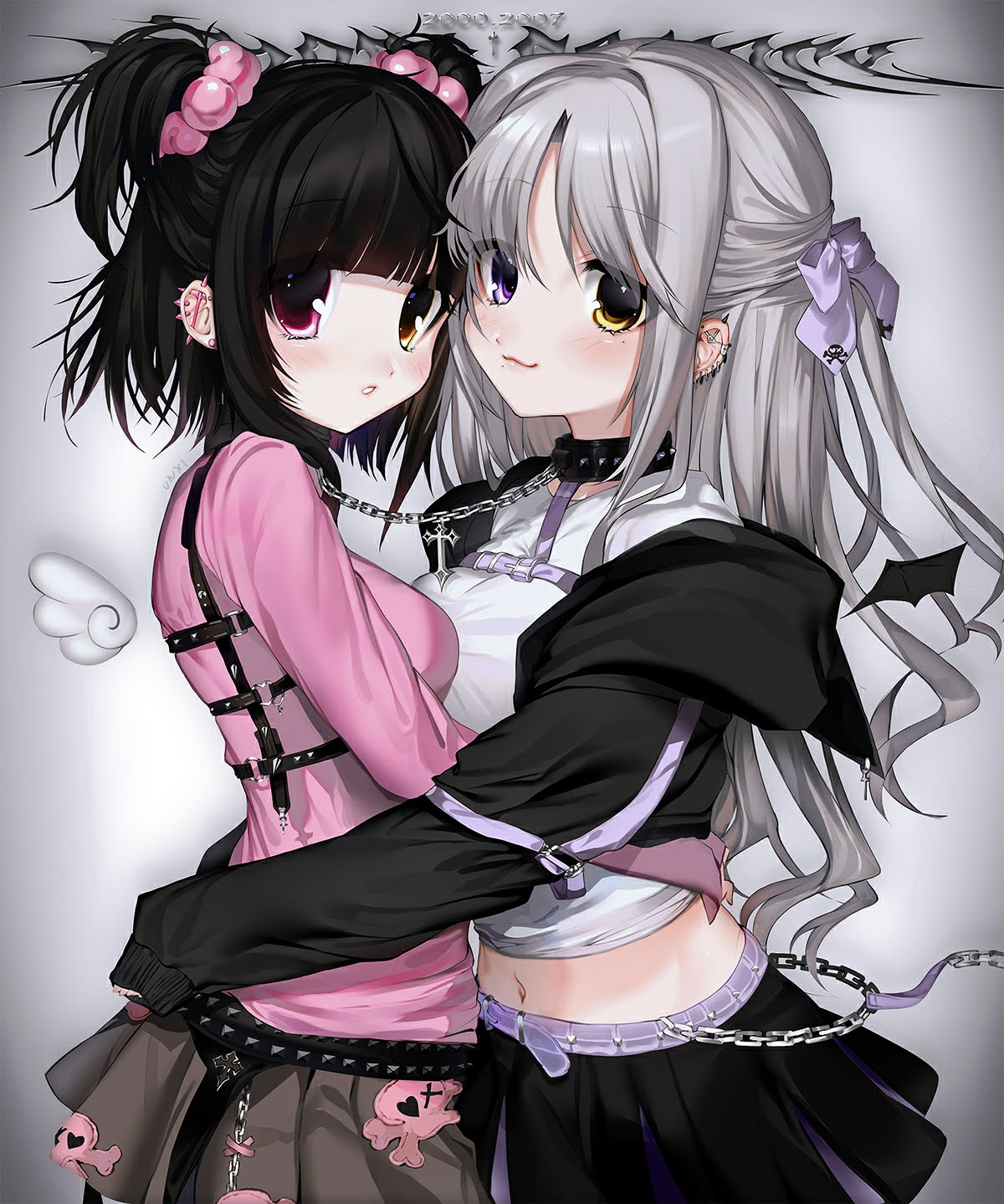 2girls asymmetrical_docking bad_id bad_twitter_id belt black_hair breast_press breasts chain collar cross grey_hair hair_ribbon heterochromia highres mini_wings multiple_girls original piercing pleated_skirt ribbon scrunchie skirt tagme unxi vega_(unxi)