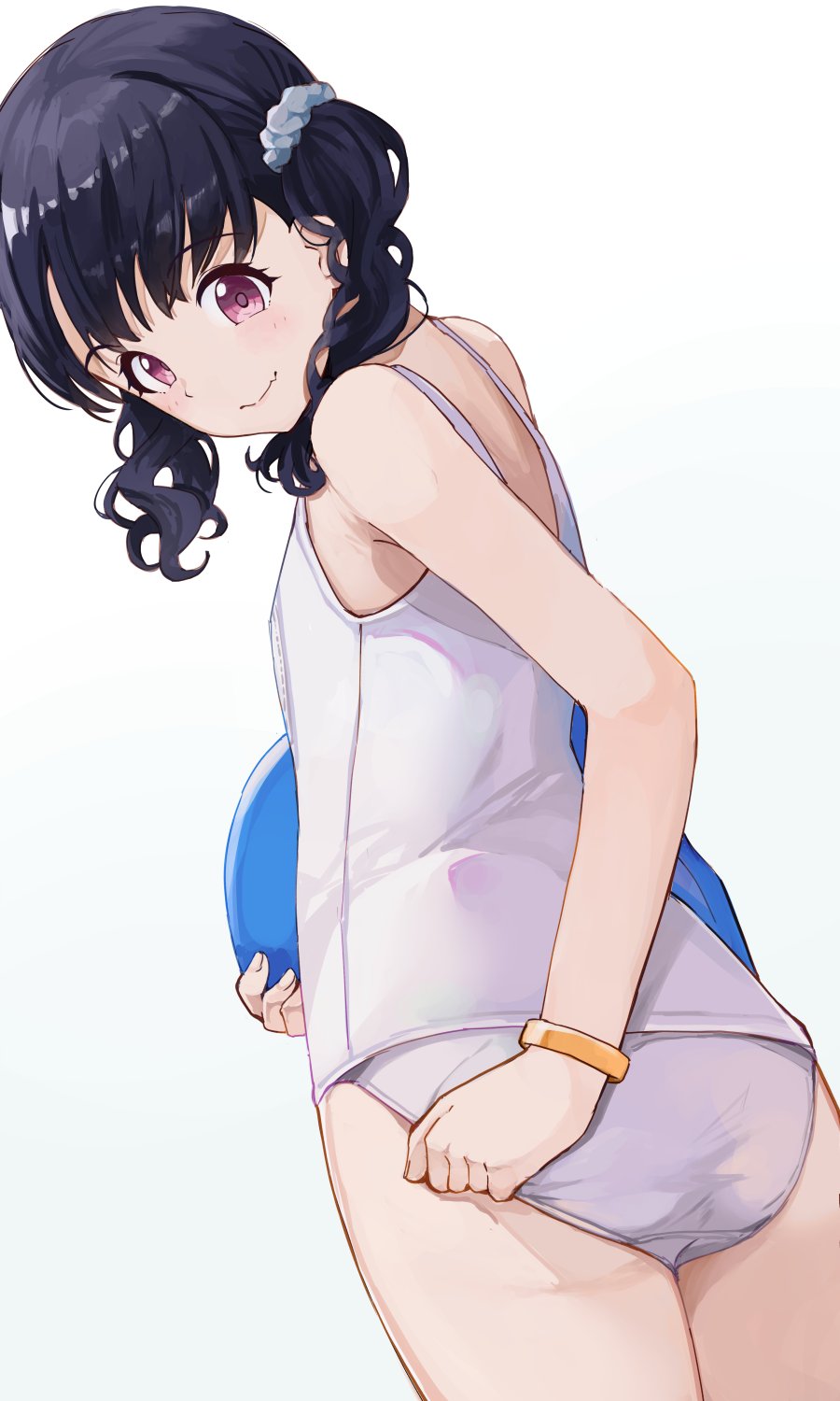 1girl ass bangs bare_arms bare_shoulders black_hair bracelet breasts cowboy_hat fang from_behind fukumaru_koito hair_ornament hair_scrunchie hat highres hiroki_(yyqw7151) idolmaster idolmaster_shiny_colors jewelry long_hair looking_back school_swimsuit scrunchie skin_fang small_breasts solo swept_bangs swimsuit twintails violet_eyes white_swimsuit