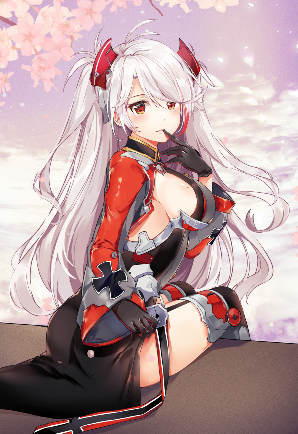 1girl antenna_hair azur_lane bangs blush breasts cherry_blossoms commentary_request eyebrows_visible_through_hair hair_between_eyes iron_cross large_breasts long_hair looking_at_viewer mole mole_on_breast multicolored_hair prinz_eugen_(azur_lane) redhead silver_hair solo streaked_hair togetsu_grass two_side_up