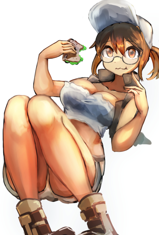 1girl baseball_cap boots breasts brown_eyes brown_footwear brown_hair crop_top eating fio_germi food glasses hat hatano_kiyoshi holding holding_food knees_together_feet_apart metal_slug ponytail sandwich shorts sleeveless thighs vest