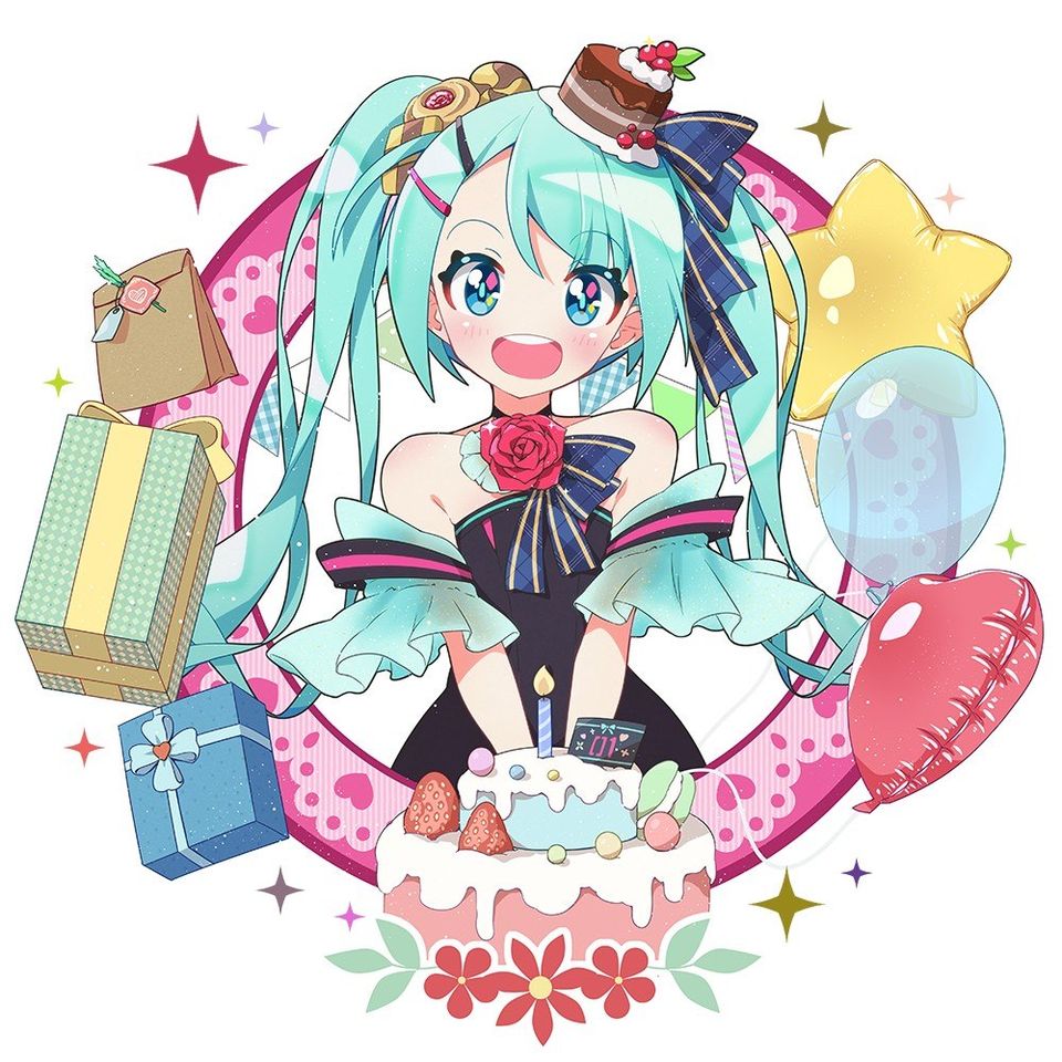 1girl bag balloon bare_shoulders birthday_cake black_dress blue_eyes blue_hair cake cake_hat candle commentary dress flower food food_themed_hair_ornament fruit fuusen_neko gift hair_ornament happy_birthday hatsune_miku heart_balloon macaron open_mouth paper_bag rose sleeveless sleeveless_dress solo star_balloon strapless strapless_dress strawberry twintails vocaloid