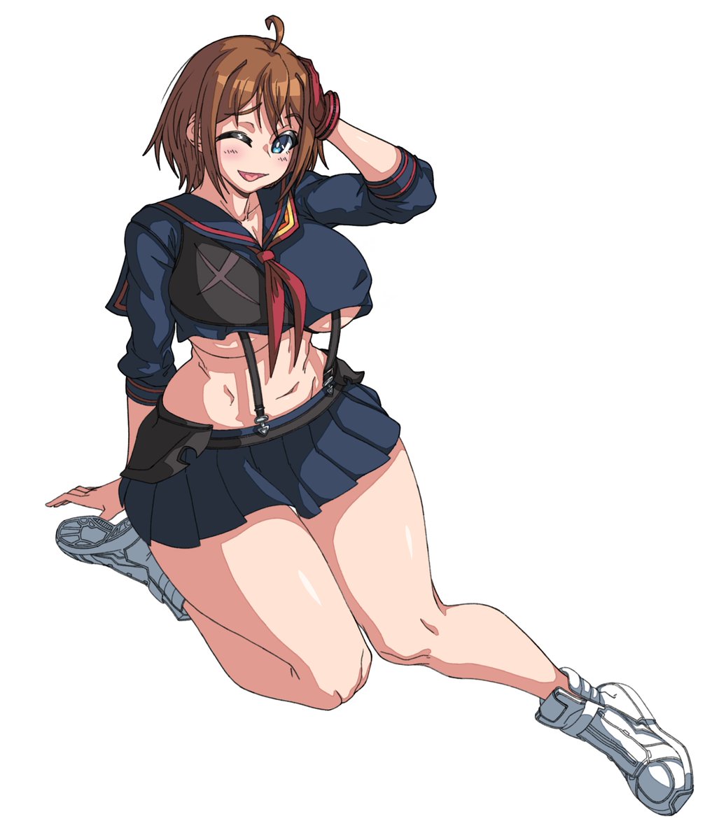 black_skirt breasts brown_hair brups_tv cosplay cowlick curvy english_commentary gloves highres kill_la_kill large_breasts matoi_ryuuko matoi_ryuuko_(cosplay) navel one_eye_closed open_mouth original plump school_uniform senketsu serafuku short_hair skirt thick_thighs thighs under_boob