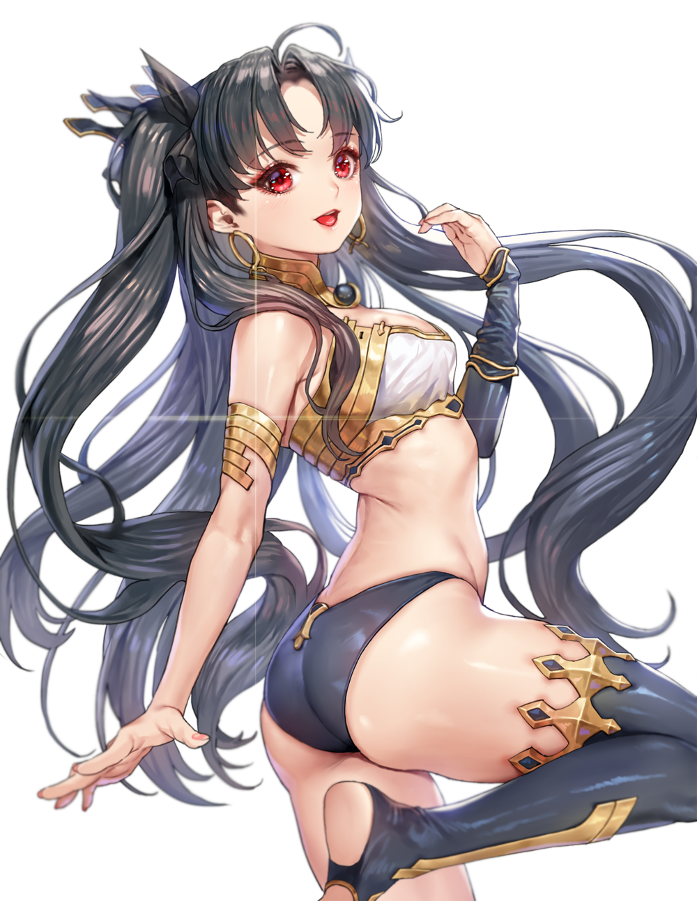 1girl armlet ass asymmetrical_legwear asymmetrical_sleeves bangs bare_shoulders bikini black_hair blush breasts detached_sleeves earrings fate/grand_order fate_(series) ganik gold_trim highres hoop_earrings ishtar_(fate)_(all) ishtar_(fate/grand_order) jewelry long_hair looking_at_viewer medium_breasts mismatched_bikini neck_ring open_mouth parted_bangs red_eyes simple_background single_detached_sleeve single_thighhigh smile swimsuit thigh-highs thighs tiara toeless_legwear two_side_up white_background