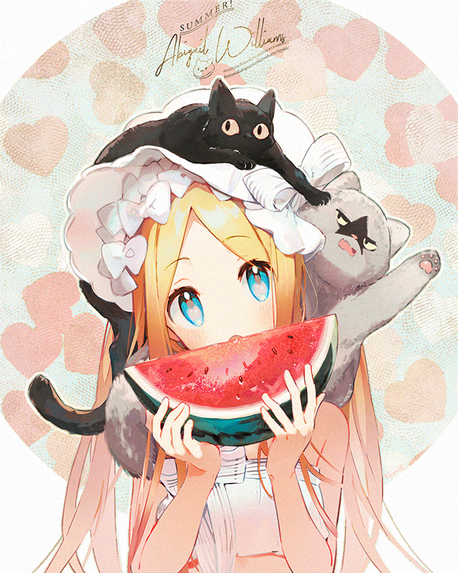 1girl abigail_williams_(fate/grand_order) abigail_williams_(swimsuit_foreigner)_(fate) bangs bare_shoulders bikini black_cat blonde_hair blue_eyes blush bonnet bow breasts cat eating fate/grand_order fate_(series) food forehead fruit hair_bow long_hair looking_at_viewer namie-kun open_mouth parted_bangs sidelocks small_breasts swimsuit twintails very_long_hair watermelon white_bikini white_bow white_headwear