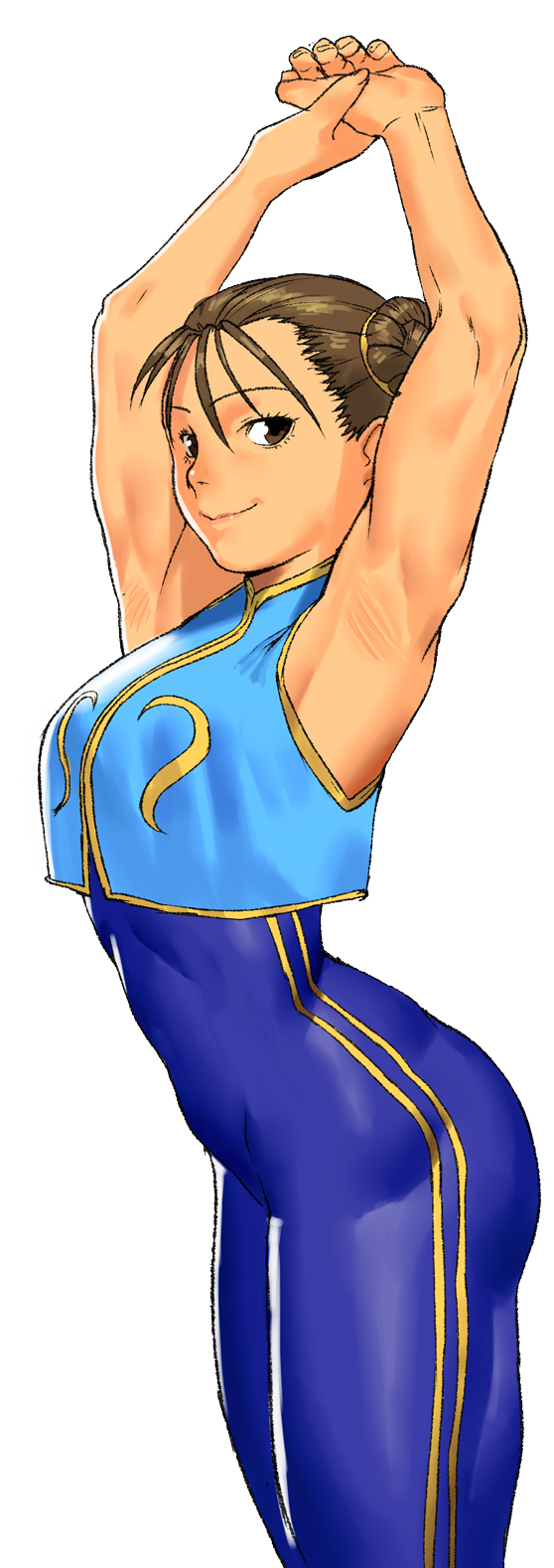 1girl armpits arms_up blue_bodysuit bodysuit breasts brown_eyes brown_hair cessa chun-li commentary crop_top crop_top_overhang double_bun english_commentary highres light_smile lips medium_breasts skin_tight sleeveless solo street_fighter street_fighter_zero_(series) stretch striped thick_thighs thighs toned vertical_stripes