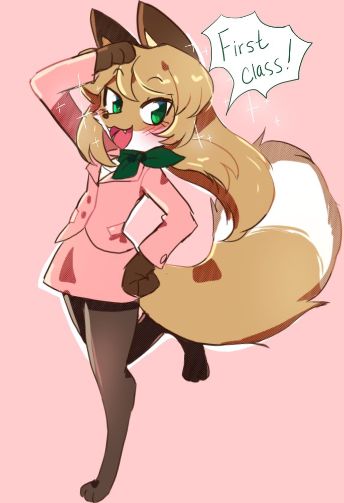 1girl :3 :d animal_ears animal_nose averi_(fiddleafox) blush commentary digitigrade english_commentary english_text eyebrows_visible_through_hair fangs fiddleafox flight_attendant fox_ears fox_girl fox_tail full_body furry green_eyes green_neckwear hand_on_head hand_on_hip leg_up long_hair looking_at_viewer open_mouth pink_background pink_skirt red_fox simple_background skirt smile snout solo standing tail white_fur yellow_fur
