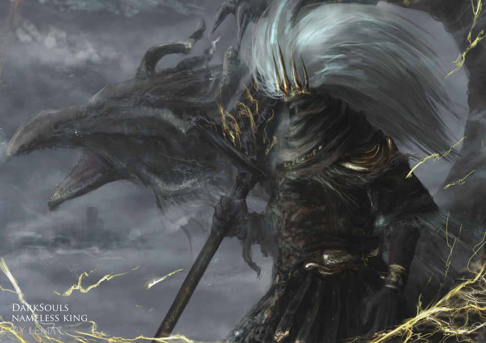 1boy armor artist_name brown_scarf character_name clouds commentary_request crown dark_souls_iii dragon hair_up holding lemat lightning long_hair male_focus nameless_king no_eyes open_mouth polearm scarf skirt solo souls_(from_software) spear weapon white_hair