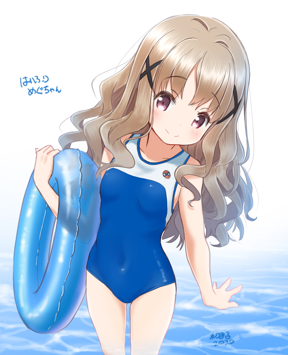 1girl artist_name breasts brown_eyes brown_hair commentary_request cowboy_shot hair_ornament high_school_fleet highres innertube leaning_to_the_side long_hair looking_at_viewer retsumaru school_swimsuit simple_background small_breasts solo standing swimsuit two-tone_swimsuit uda_megumi water wavy_hair white_background x_hair_ornament