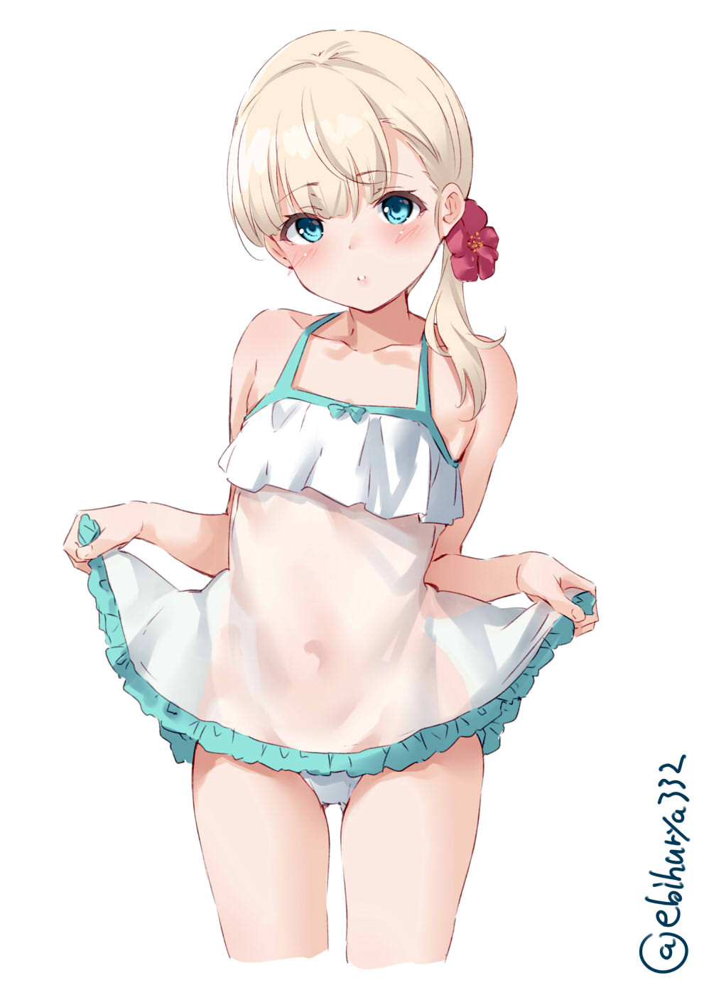 1girl bare_arms bare_shoulders blonde_hair blue_eyes blush collarbone cropped_legs dress dress_lift ebifurya eyebrows_visible_through_hair highres kantai_collection lifted_by_self long_hair parted_lips see-through_dress shin'you_(kantai_collection) simple_background sleeveless sleeveless_dress solo twitter_username white_background white_dress