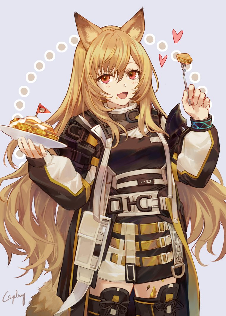 1girl :d animal_ears arknights biscuit_(bread) black_dress black_legwear ceobe_(arknights) cowboy_shot csyday dog_ears dog_girl dog_tail dress fang fork holding holding_fork jacket long_hair long_sleeves looking_at_viewer mini_flag multiple_straps open_clothes open_jacket open_mouth orange_hair plate puffy_sleeves red_eyes smile solo tail thigh-highs two-tone_jacket zettai_ryouiki