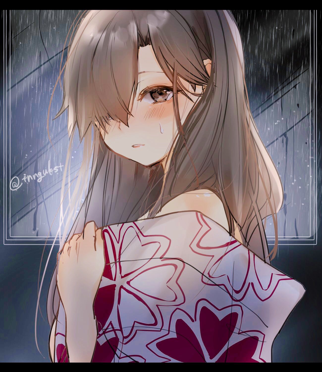 1girl alternate_costume arashio_(kantai_collection) bangs black_border blush border brown_eyes brown_hair floral_print hair_over_one_eye highres japanese_clothes kantai_collection kimono long_hair messy_hair off_shoulder parted_lips rain solo sweat tsunonigau twitter_username upper_body window