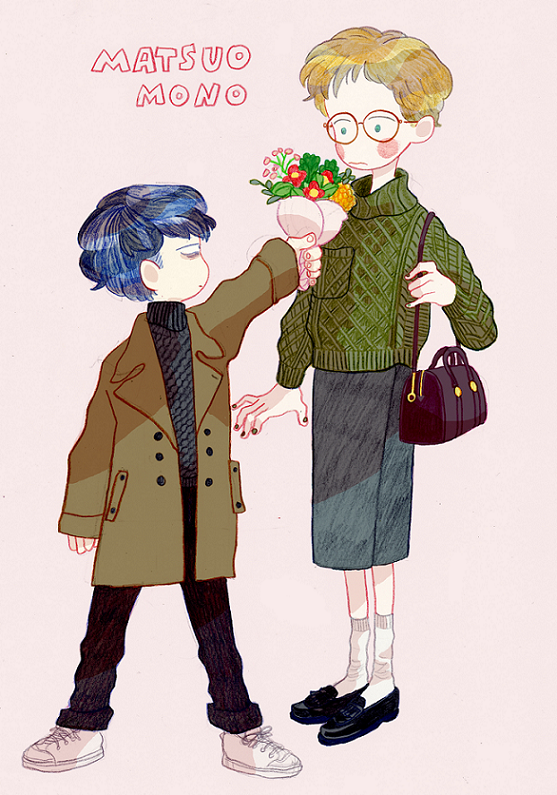 1boy 1girl 3: aqua_eyes arm_at_side arm_up bag bags_under_eyes bangs black_footwear black_sweater blonde_hair blue_hair blush_stickers bouquet breast_pocket brown_coat closed_mouth coat commentary cross-laced_footwear dark_blue_hair english_commentary eye_contact fingernails flower from_side full_body glasses green_nails green_sweater hand_up height_difference hetero holding holding_bouquet jitome legs_apart legs_together loafers long_sleeves looking_at_another looking_to_the_side matsuo_mono mixed_media nail_polish no_nose open_clothes open_coat original pants pink_background pocket profile red_flower ribbed_sweater sanpaku shoes short_hair shoulder_bag signature simple_background skirt sneakers socks standing sweater turtleneck turtleneck_sweater undercut very_short_hair wavy_mouth white_footwear white_legwear wrist_extended