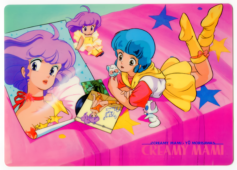 1980s_(style) 2girls blue_hair cat copyright_name creamy_mami eyeshadow kitagawa_yuuko lying mahou_no_tenshi_creamy_mami makeup morisawa_yuu multiple_girls neck_ribbon official_art oldschool on_stomach poster purple_hair ribbon skirt yellow_skirt