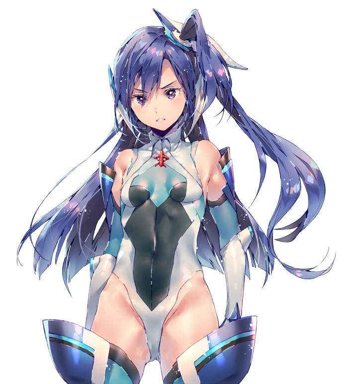 1girl blue_hair breasts commentary_request covered_navel cowboy_shot dsmile elbow_gloves gloves kazanari_tsubasa leotard long_hair looking_at_viewer one_side_up senki_zesshou_symphogear simple_background small_breasts solo very_long_hair violet_eyes white_background