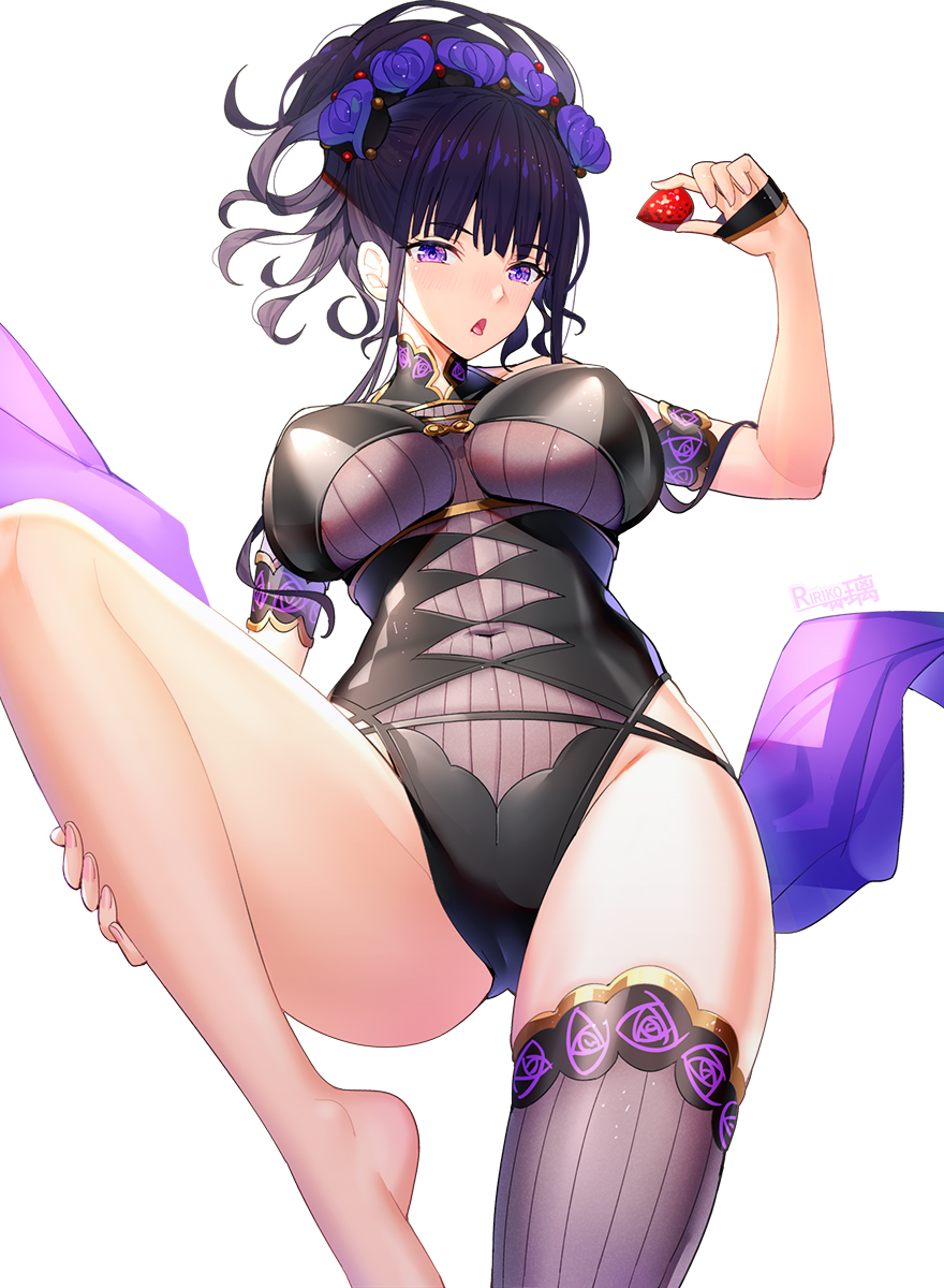 1girl arm_up armlet bangs bare_shoulders black_gloves black_hair black_swimsuit breasts commentary_request covered_navel eyebrows_visible_through_hair fate/grand_order fate_(series) fingerless_gloves flower food fruit gloves hair_flower hair_ornament hair_up half_gloves highleg highleg_swimsuit highres holding holding_food knee_up large_breasts long_hair looking_at_viewer murasaki_shikibu_(fate) murasaki_shikibu_(swimsuit_rider)_(fate) one-piece_swimsuit open_mouth parted_lips purple_flower purple_hair purple_rose ririko_(zhuoyandesailaer) rose shawl simple_background single_thighhigh solo strawberry swimsuit thigh-highs thighs tied_hair tongue tongue_out violet_eyes white_background