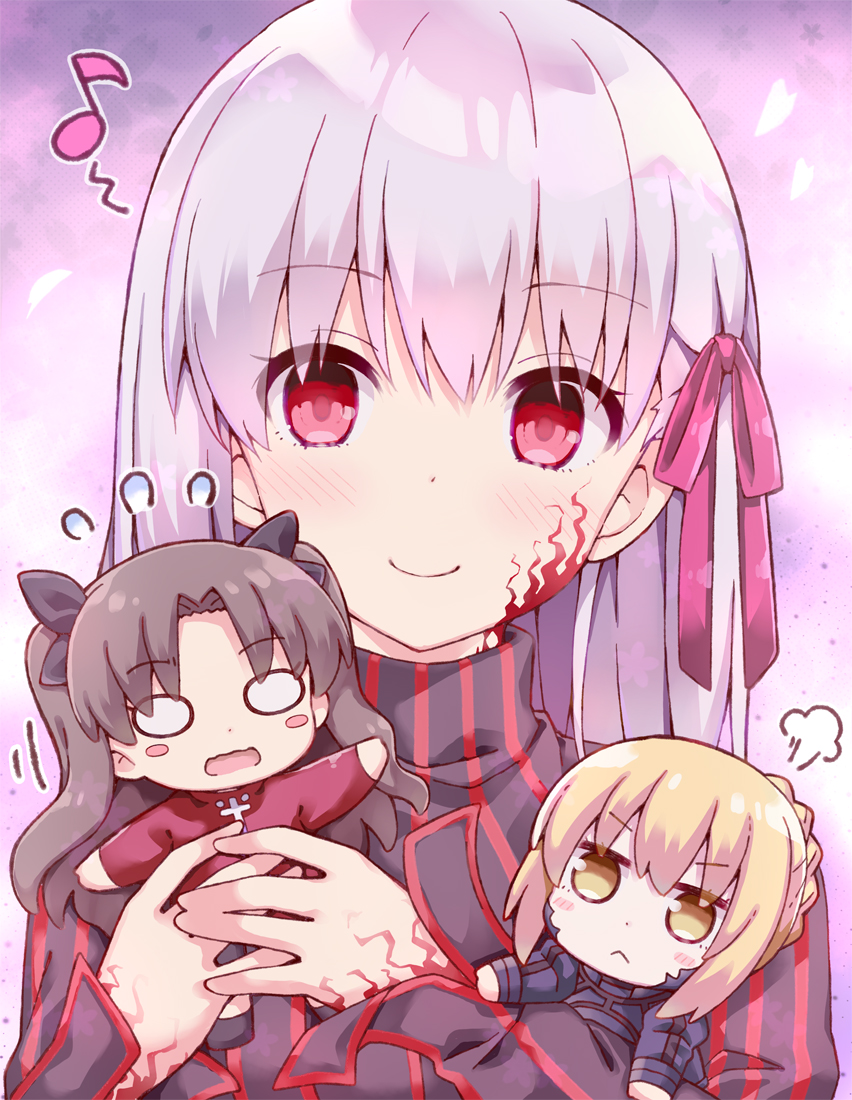 3girls :&lt; armor artoria_pendragon_(all) bangs black_ribbon blonde_hair blush blush_stickers brown_hair chibi closed_mouth commentary_request dark_sakura eyebrows_visible_through_hair facial_mark fate/stay_night fate_(series) hair_ribbon heaven's_feel lavender_hair long_hair long_sleeves matou_sakura multiple_girls musical_note o_o red_eyes red_ribbon ribbon rioshi saber_alter short_hair smile striped tohsaka_rin turtleneck two_side_up upper_body vertical_stripes yellow_eyes