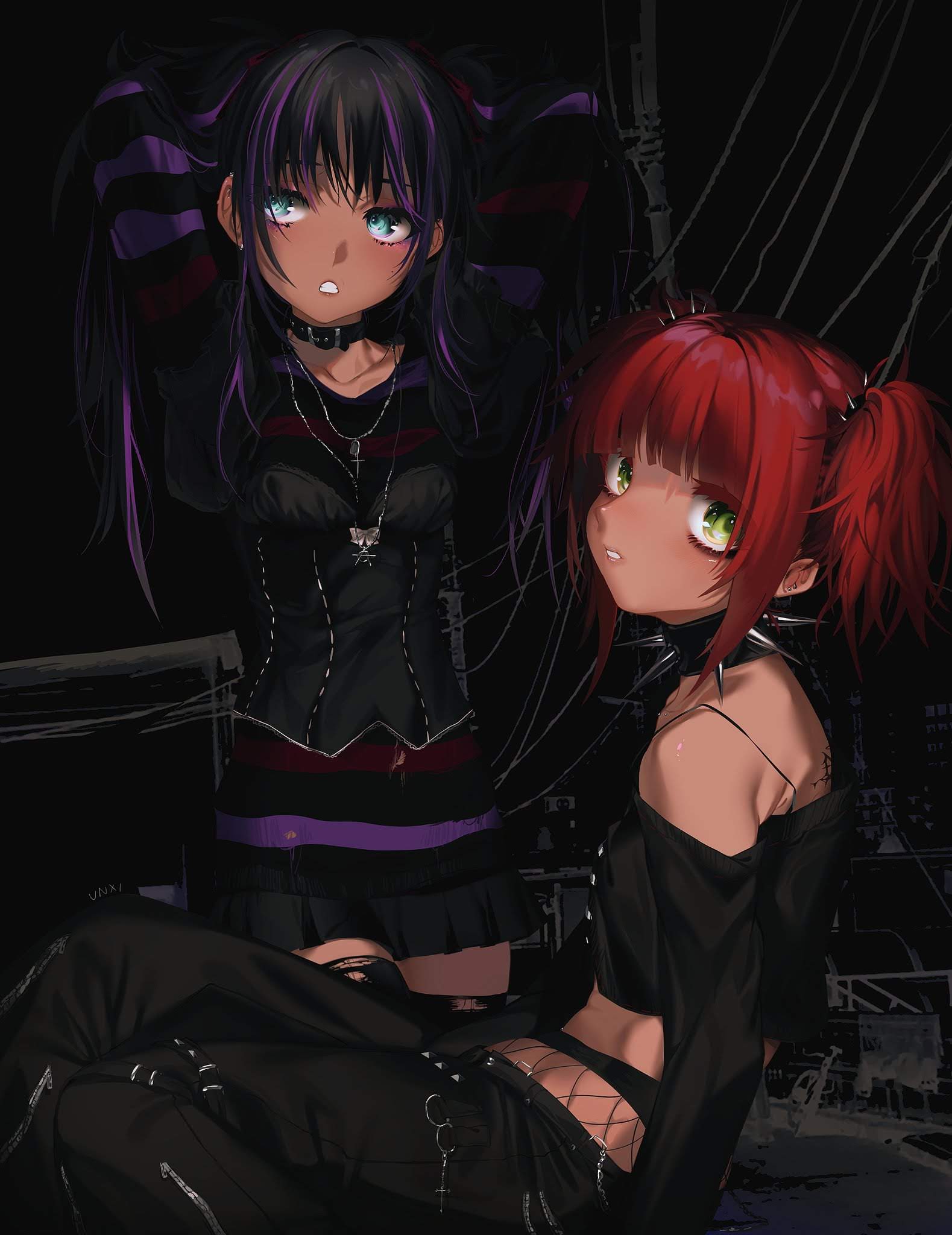 2girls bad_id bad_twitter_id black_hair blue_eyes collar dark_skin highres multicolored_hair multiple_girls original piercing redhead streaked_hair tagme twintails unxi yellow_eyes