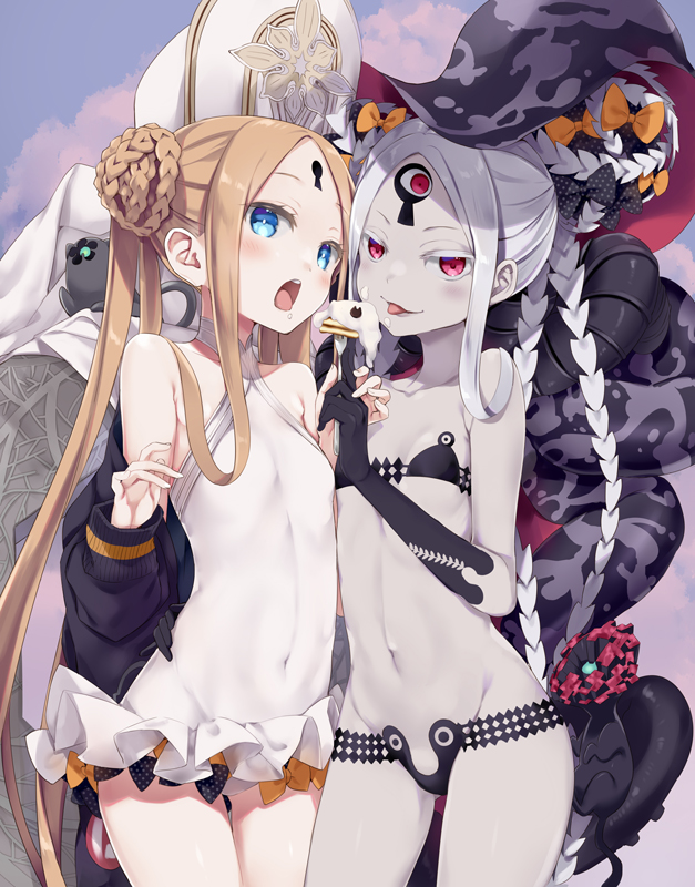 2girls abigail_williams_(fate/grand_order) abigail_williams_(swimsuit_foreigner)_(fate) bangs bare_shoulders bikini black_bikini black_bow blonde_hair blue_eyes bow braid braided_bun breasts collarbone creature double_bun dress_swimsuit dual_persona fate/grand_order fate_(series) food forehead fork keyhole long_hair mitre multiple_bows multiple_girls natsume_eri navel open_mouth orange_bow pancake parted_bangs pink_eyes sidelocks small_breasts smile swimsuit tentacles thighs third_eye tongue tongue_out twintails very_long_hair white_hair white_headwear white_skin white_swimsuit