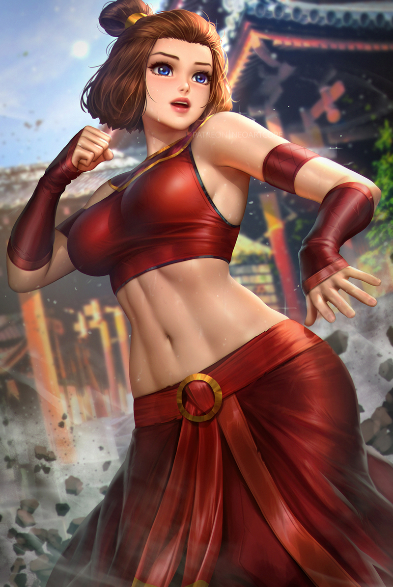 1girl avatar:_the_last_airbender avatar_(series) bare_shoulders blue_eyes breasts brown_hair commentary detached_sleeves large_breasts midriff navel nudtawut_thongmai parted_lips ponytail red_sleeves short_hair solo suki wide_hips