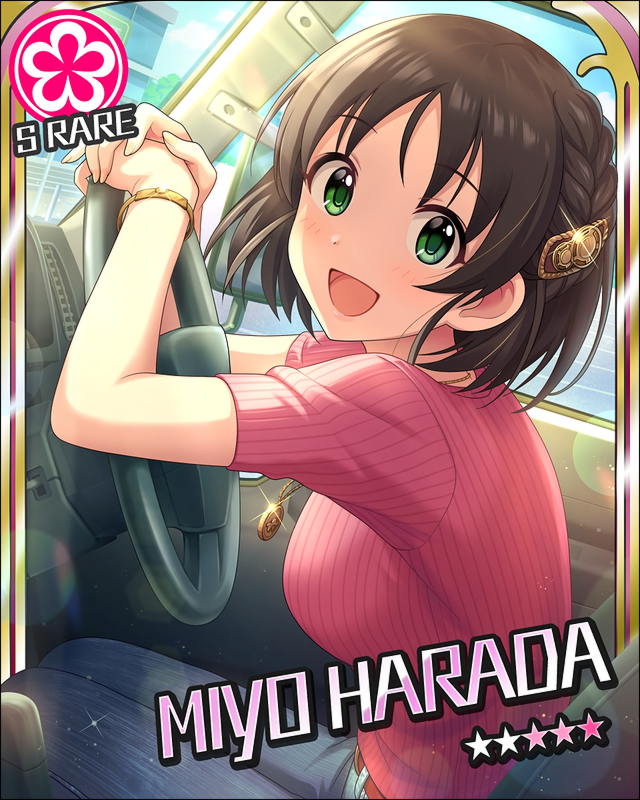 1girl bangle belt belt_buckle black_hair bracelet braid buckle car car_interior character_name denim green_eyes ground_vehicle hair_ornament hands_together harada_miyo idolmaster idolmaster_cinderella_girls jeans jewelry lens_flare looking_at_viewer motor_vehicle necklace official_art pants pink_shirt seat shirt short_hair side_braid side_mirror single_braid smile solo steering_wheel window