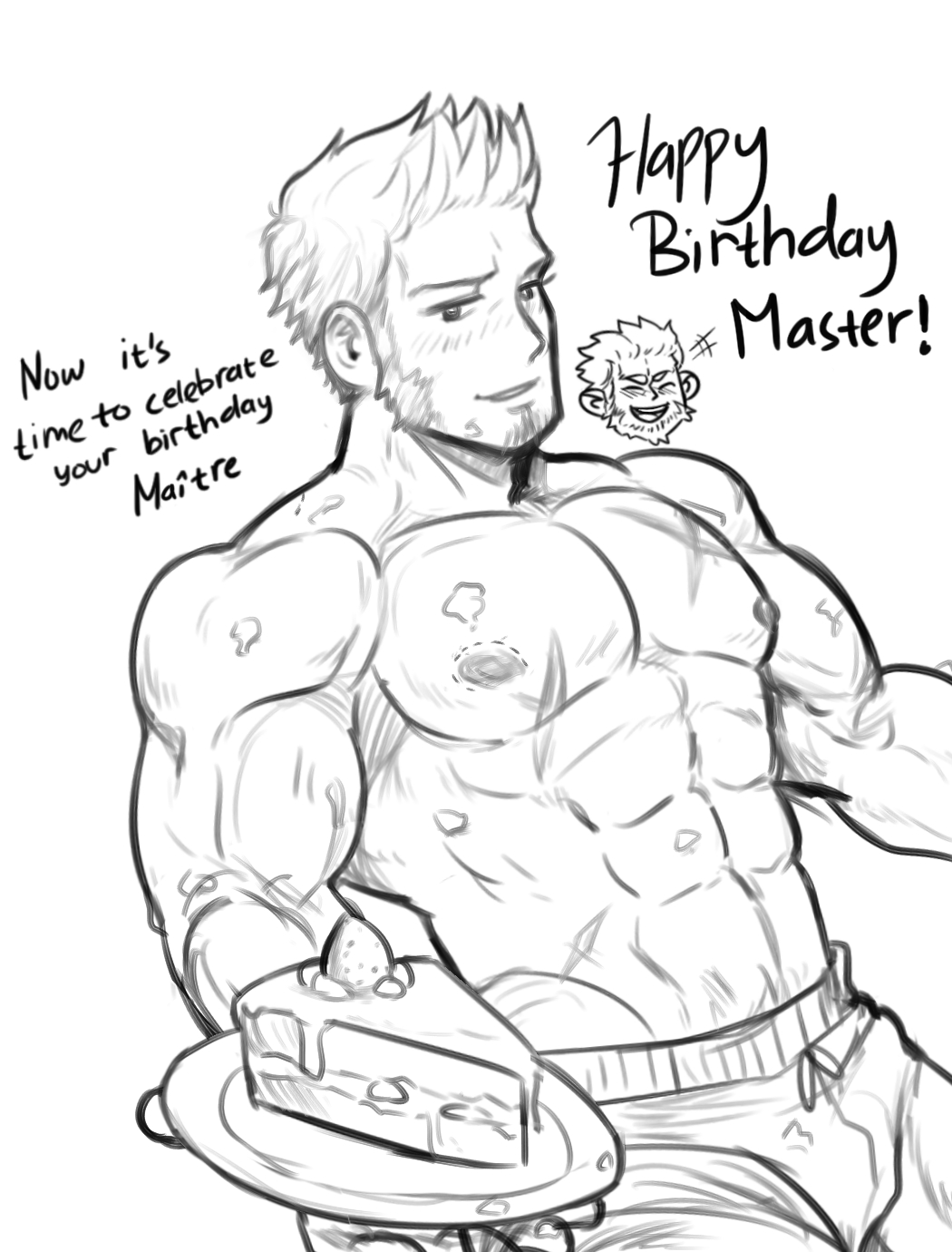 abs atiskw bara birthday birthday_cake blush boxer_briefs bulge cake chest chibi english_text facial_hair fate/grand_order fate_(series) food food_on_body food_on_face goatee happy_birthday hickey highres iskandar_(fate) looking_at_viewer male_focus manly muscle napoleon_bonaparte_(fate/grand_order) navel nipples pectorals shirtless short_hair sideburns upper_body