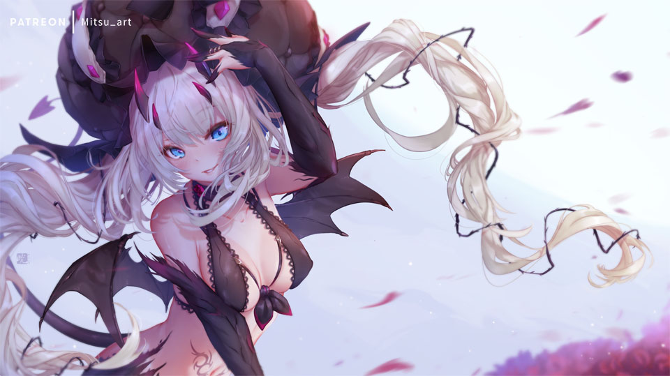 1girl bangs bare_shoulders bikini black_bikini blonde_hair blue_eyes blush breasts bridal_gauntlets choker demon_girl demon_tail demon_wings eyebrows_visible_through_hair fate/grand_order fate_(series) front-tie_bikini front-tie_top hand_up hat horns long_hair looking_at_viewer marie_antoinette_(fate/grand_order) medium_breasts mitsu_(mitsu_art) smile solo succubus swimsuit tail twintails very_long_hair wings