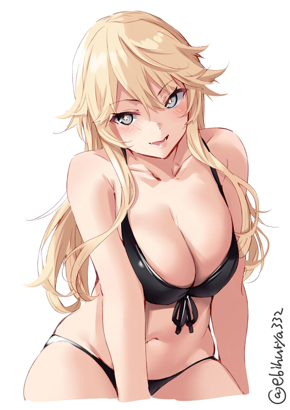 1girl bikini bikini_bottom bikini_top black_bikini blonde_hair blush breasts collarbone cowboy_shot ebifurya front-tie_bikini front-tie_top grey_eyes highres iowa_(kantai_collection) kantai_collection large_breasts light_blush lips long_hair navel star-shaped_pupils star_(symbol) stomach string_bikini swimsuit symbol-shaped_pupils twitter_username white_background