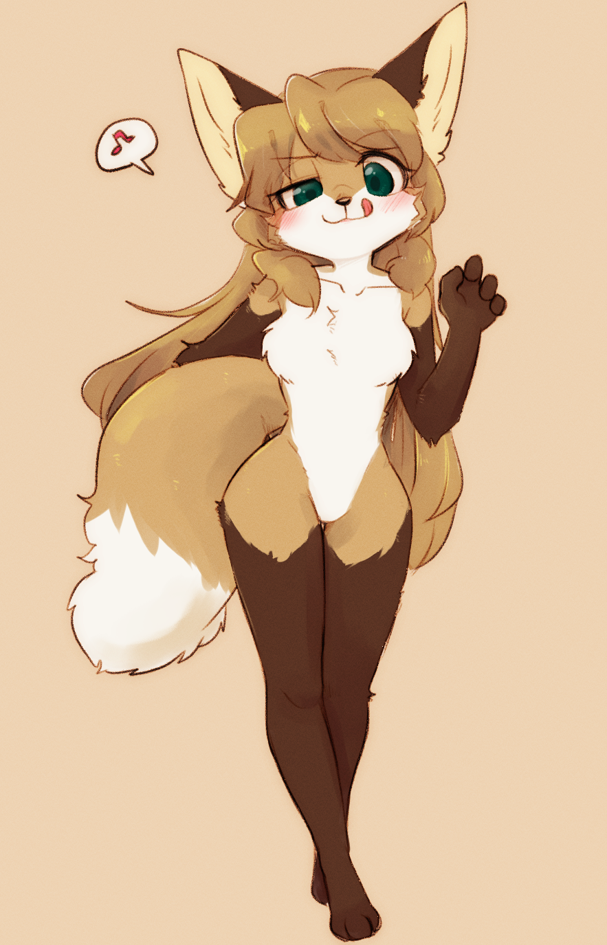 1girl :3 :q animal_ears animal_nose beige_background blonde_hair blush borrowed_character breasts brown_background brown_fur collarbone commentary_request digitigrade eyebrows_visible_through_hair facing_viewer fox fox_ears fox_girl fox_tail full_body furry green_eyes highres holding_tail korean_commentary licking_lips long_hair looking_at_viewer medium_breasts musical_note no_nipples nude open_mouth original ressue_(gomgom) simple_background smile solo spoken_musical_note tail tongue tongue_out white_fur yellow_background yellow_fur