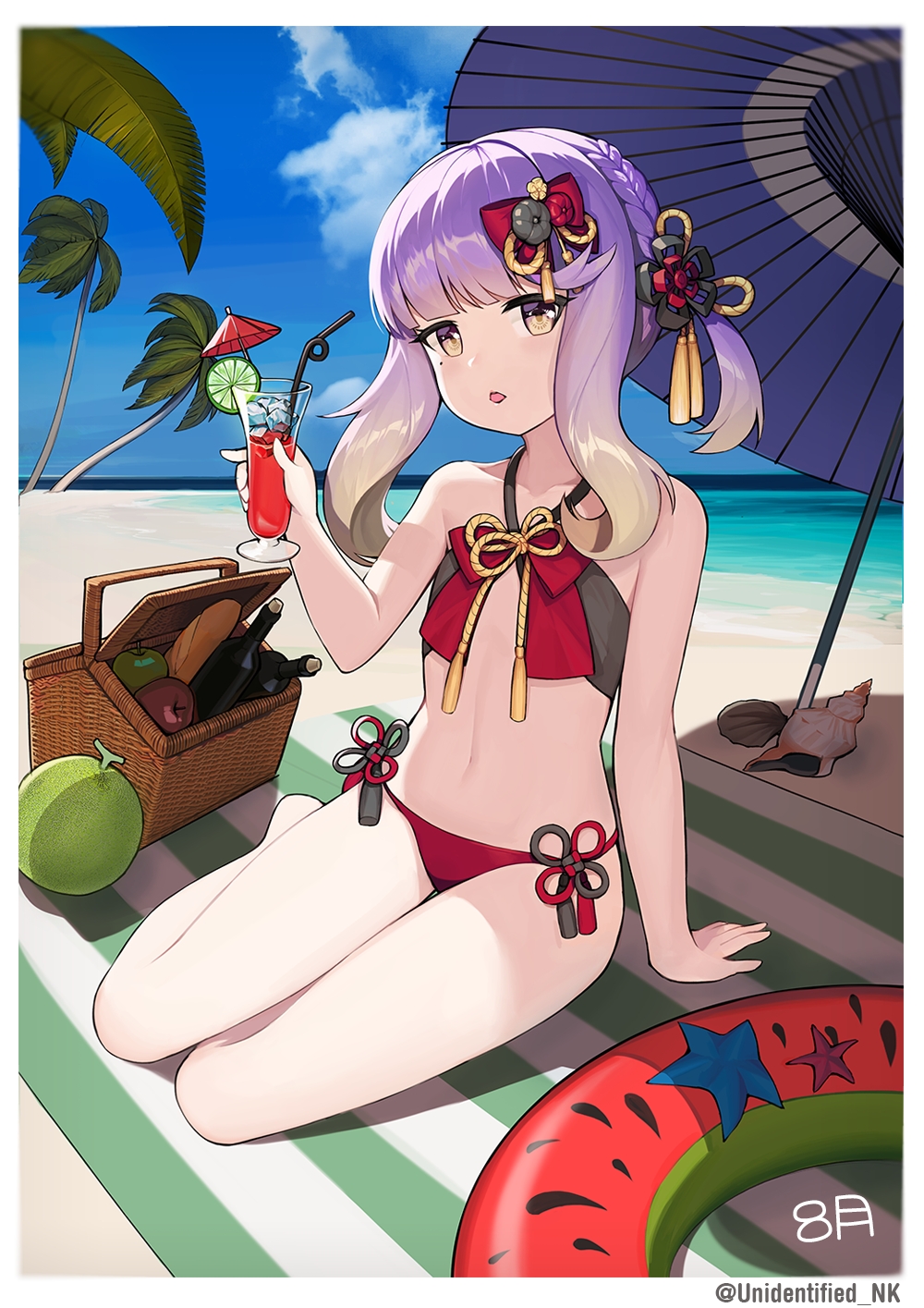 1girl beach bikini blue_sky blue_umbrella clouds commentary_request day drink flat_chest full_body gradient_hair highres himitsu_neko innertube kantai_collection long_hair multicolored_hair orange_hair oriental_umbrella outdoors palm_tree purple_hair red_bikini side-tie_bikini sidelocks sitting sky solo swimsuit tree tsushima_(kantai_collection) umbrella violet_eyes yokozuwari