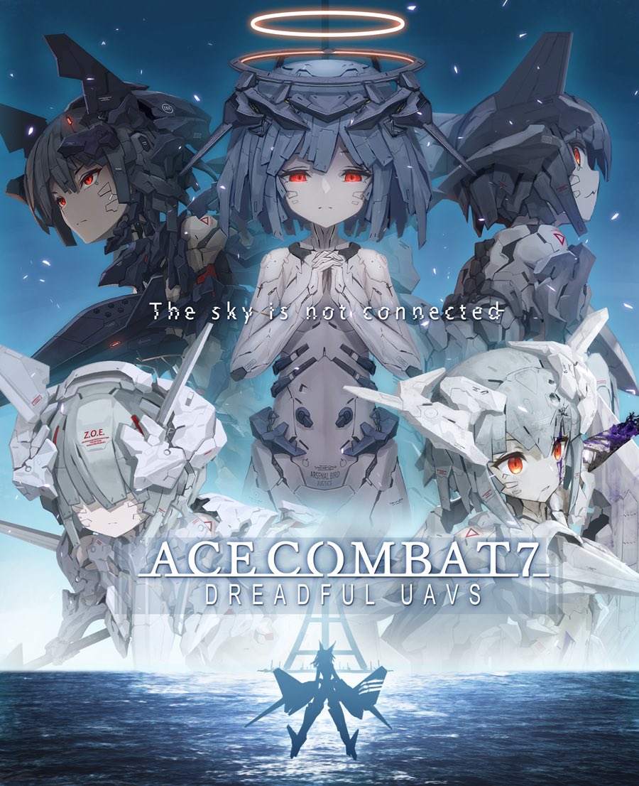 5girls ace_combat_7 adf-11f_raven adfx-10 android arsenal_bird bangs bob_cut closed_mouth commentary_request cover day english_text fake_cover frown game_cover glaring grey_hair hair_over_eyes halo hands_together headgear interlocked_fingers mecha_musume mq-101 mq-99 multiple_girls ocean parody red_eyes short_hair silver_hair tom-neko_(zamudo_akiyuki)