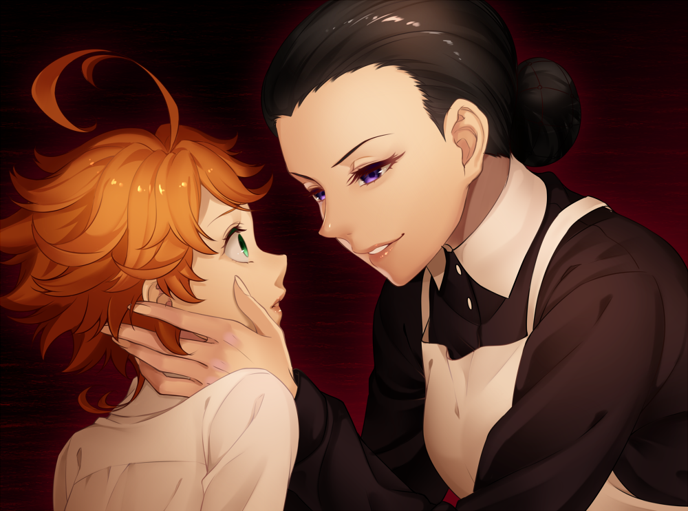 2girls ahoge apron black_hair black_shirt blue_eyes brown_hair emma_(yakusoku_no_neverland) eye_contact green_eyes grin hair_bun hand_in_another's_hair isabella_(yakusoku_no_neverland) ko_to_kimethu long_sleeves looking_at_another multiple_girls shiny shiny_hair shirt short_hair smile upper_body white_apron white_shirt wing_collar yakusoku_no_neverland