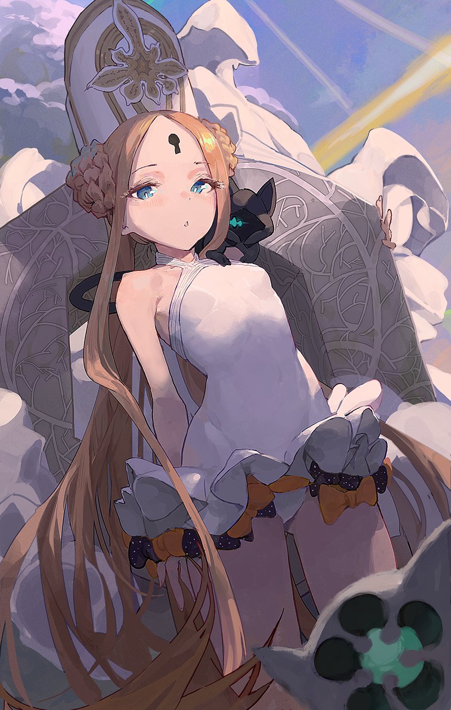 1girl abigail_williams_(fate/grand_order) abigail_williams_(swimsuit_foreigner)_(fate) bangs blue_eyes blush brown_hair commentary_request double_bun dress_swimsuit eyelashes facial_mark fate/grand_order fate_(series) flat_chest forehead forehead_mark highres keyhole long_hair looking_at_viewer one-piece_swimsuit parted_bangs rawtuna sidelocks solo swimsuit very_long_hair white_swimsuit