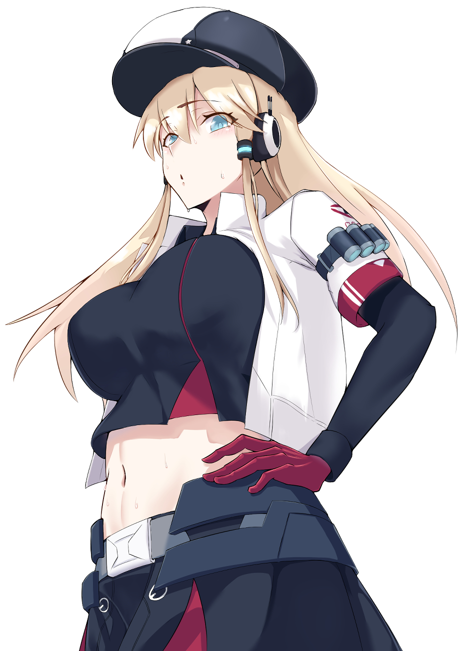 1girl :o bangs belt belt_buckle black_shirt blonde_hair blue_eyes blue_oath blush breasts buckle cowboy_shot crop_top cropped_jacket eyebrows_visible_through_hair gloves grey_belt hair_between_eyes hair_tubes hand_on_hip head_tilt headphones highres jacket large_breasts long_hair long_sleeves looking_at_viewer midriff navel oakland_(blue_oath) omisotu open_clothes open_jacket red_gloves shirt sidelocks simple_background skirt solo stomach sweat white_background white_jacket