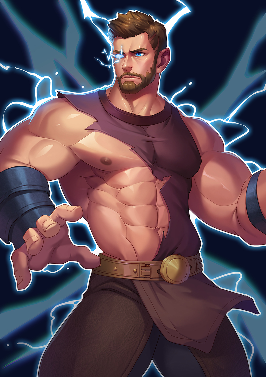 1boy abs bara bare_shoulders blue_eyes brown_hair chest facial_hair highres jiajiuli lightning_bolt male_focus manly marvel muscle nipples pectorals short_hair sleeveless solo thick_thighs thighs thor_(marvel) torn_clothes upper_body