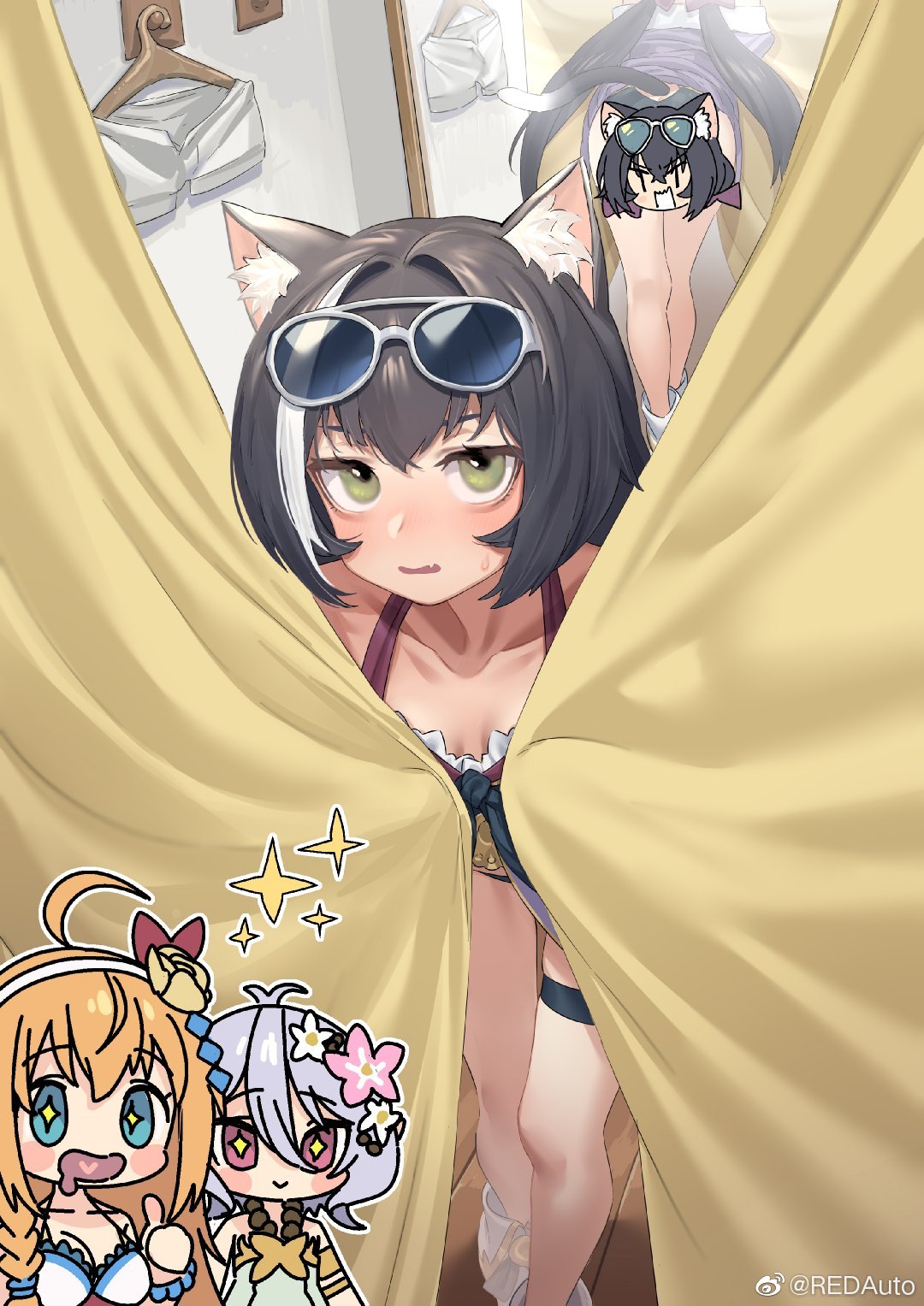 3girls animal_ear_fluff animal_ears bikini black_hair boots breasts cat_ears cat_tail censored changing_room collarbone fang green_eyes highres indoors karyl_(princess_connect!) kokkoro_(princess_connect!) leaning_forward long_hair looking_at_viewer low_twintails mirror multicolored_hair multiple_girls novelty_censor parted_lips pecorine princess_connect! princess_connect!_re:dive redauto reflection skin_fang small_breasts solo_focus streaked_hair sweatdrop swimsuit tail tail_cutout thigh_strap twintails very_long_hair